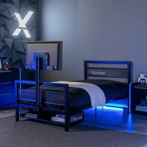 imageX Rocker Basecamp Full Size Gaming Bed Rotating TV Mount with Vented Console Storage Metal Mesh Frame with Slats Amazon Exclusive BlackBlack