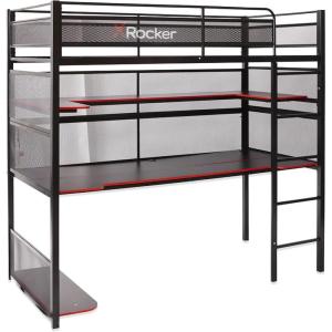 imageX Rocker Gaming Bed Twin Size Loft Bunk Durable Black Metal Frame Builtin Shelving for PC Computer Video Gamer Bedroom for Teen Boys GirlsBattleBunk