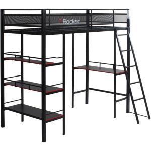 imageX Rocker Gaming Bed Twin Size Loft Bunk Durable Black Metal Frame Builtin Shelving for PC Computer Video Gamer Bedroom for Teen Boys GirlsFortress